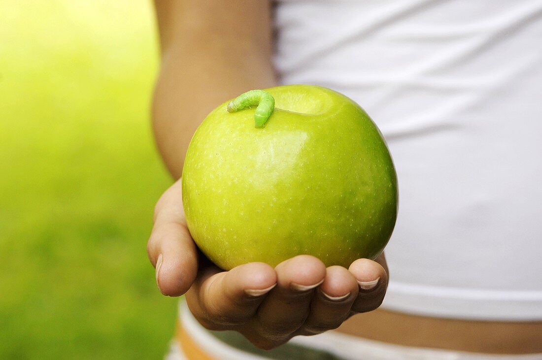 Person hält grünen Apfel mit Raupe