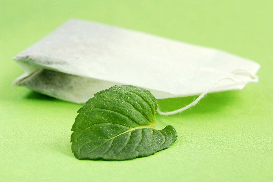 Tea bag and mint leaf, close-up