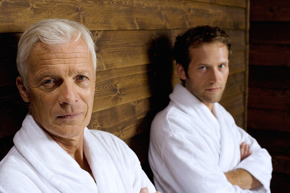 Germany, two men in bathrobe, portrait