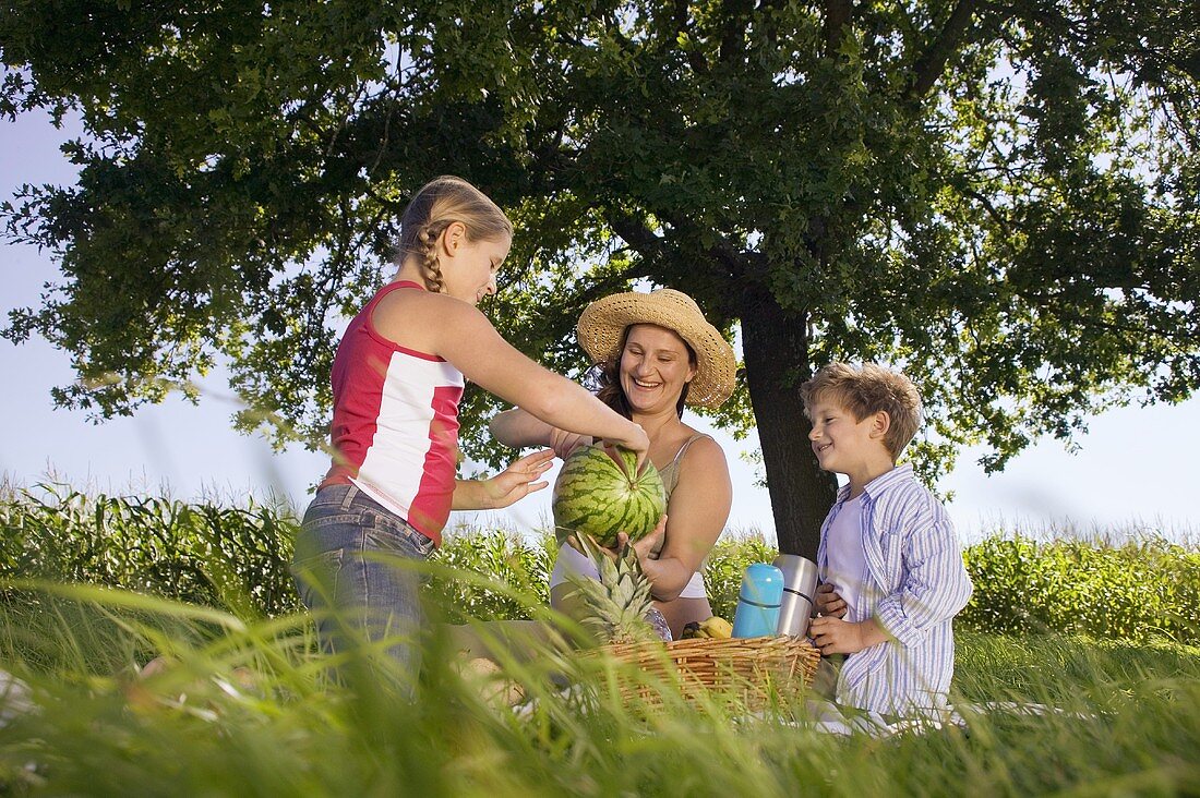 Mutter mit Tochter und Sohn beim Picknick