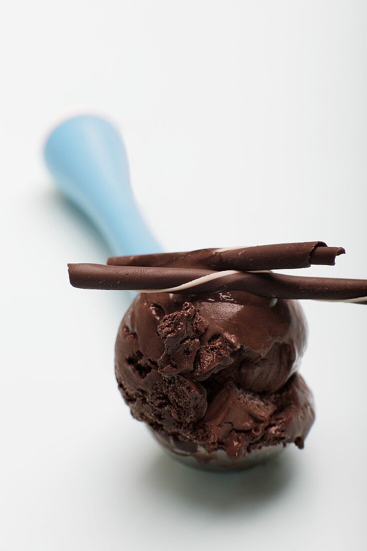 Scoop of chocolate ice cream on ice cream disher