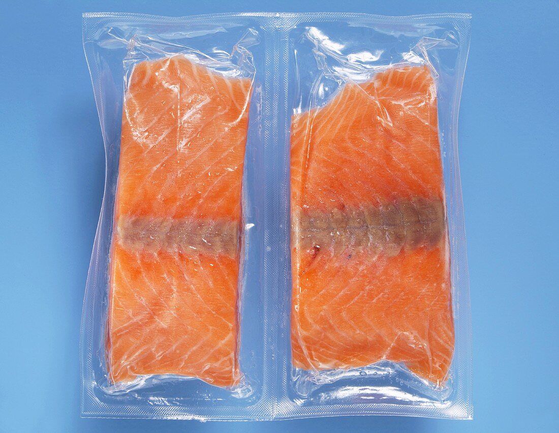Frozen salmon Fillet vaccuum packed, elevated view