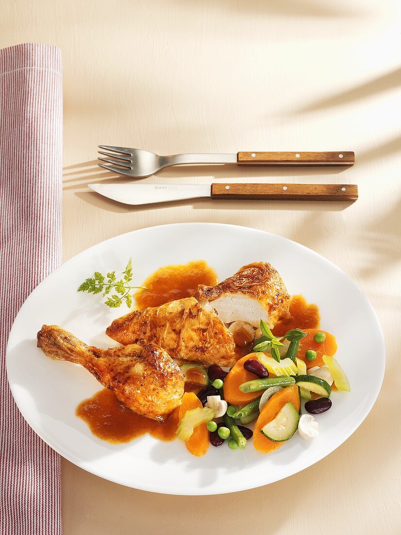 Young roast chicken with vegetables