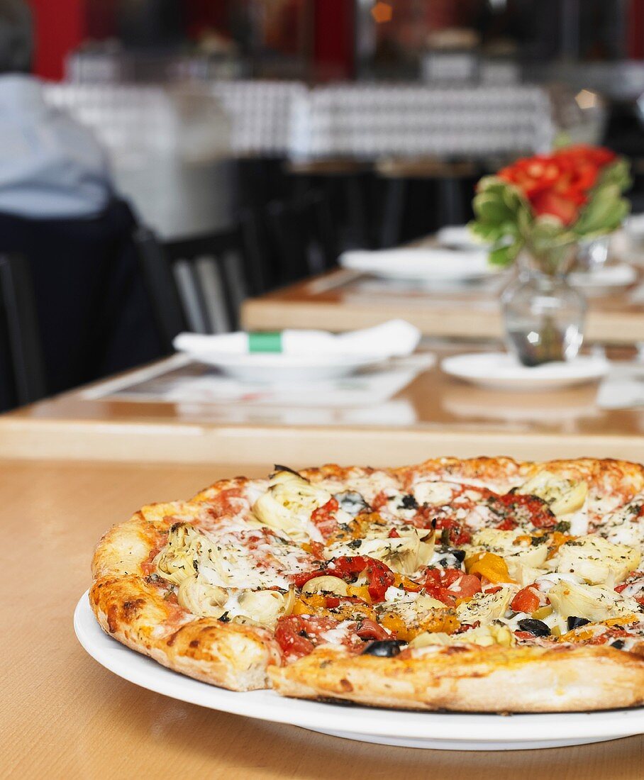Veggie Pizza on Restaurant Table