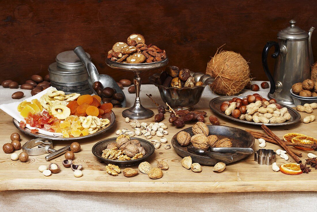 Nut still life with dried fruit and biscuits