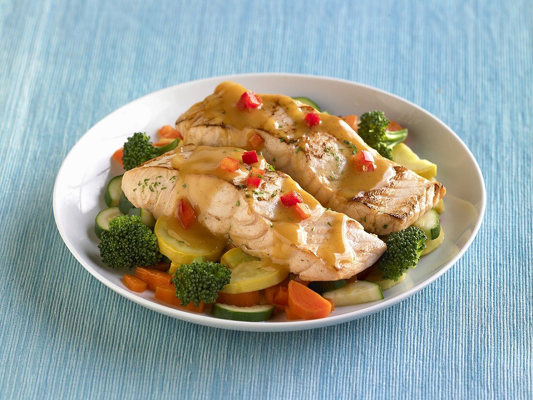 Salmon on a Bed of Vegetables with Teriyaki Sauce