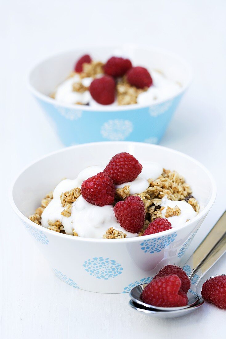 Müsli mit Joghurt und Himbeeren