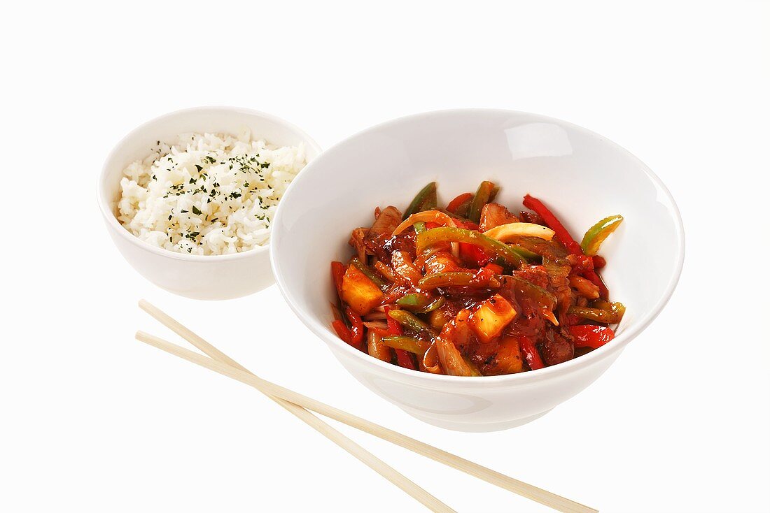 Sweet and sour pork with rice (China)