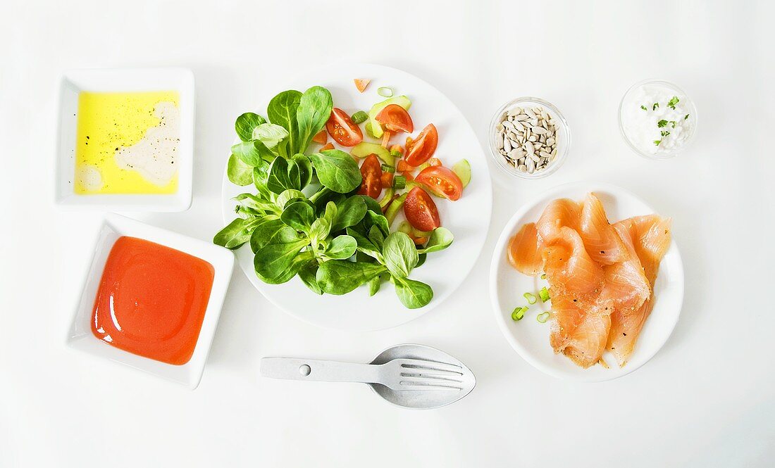 Various salad ingredients (overhead view)