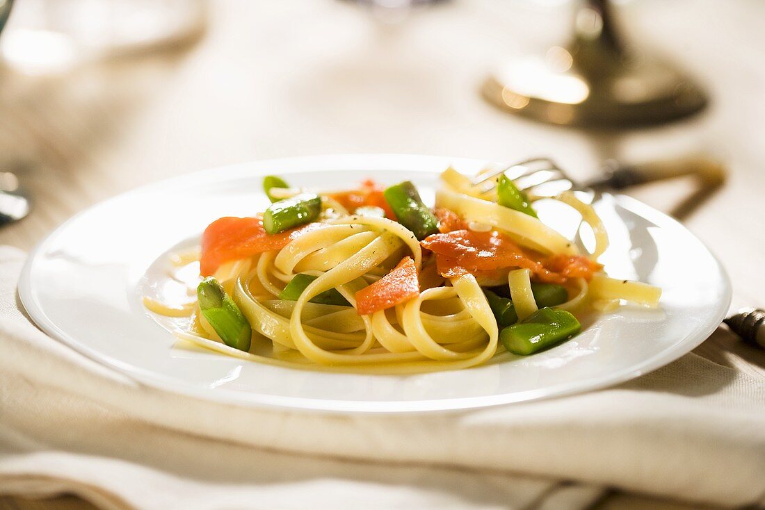 Salmon and Asparagus Pasta; On White Plate