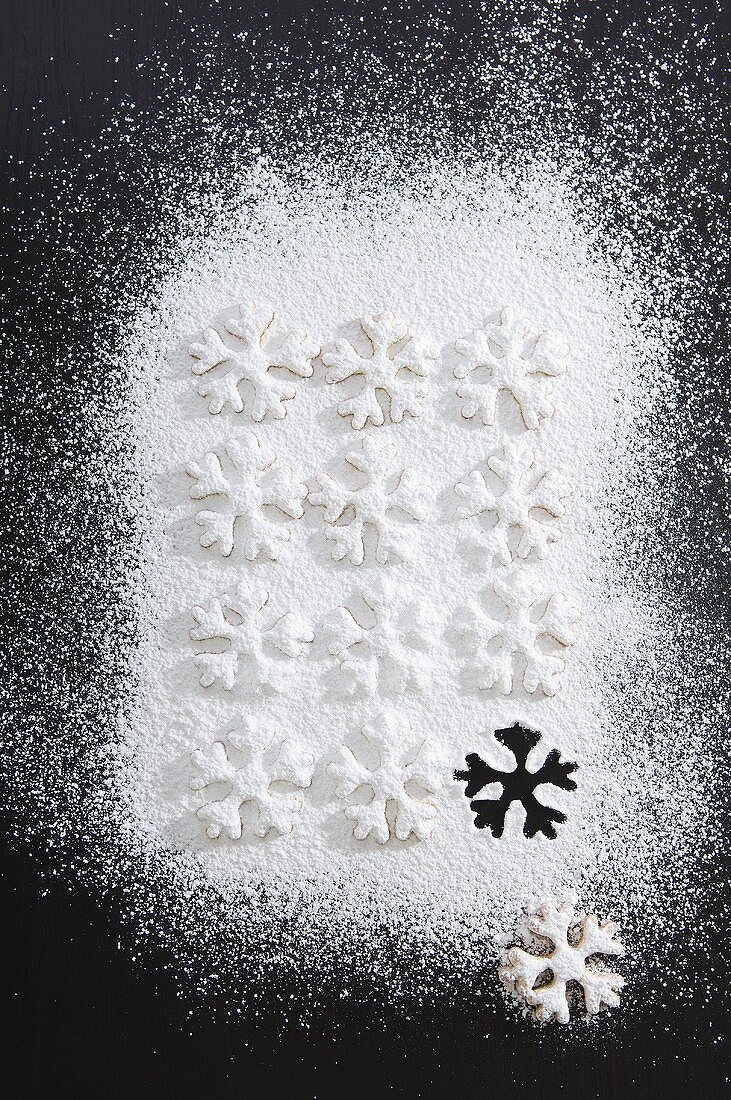 Christmas biscuits with icing sugar (overhead view)