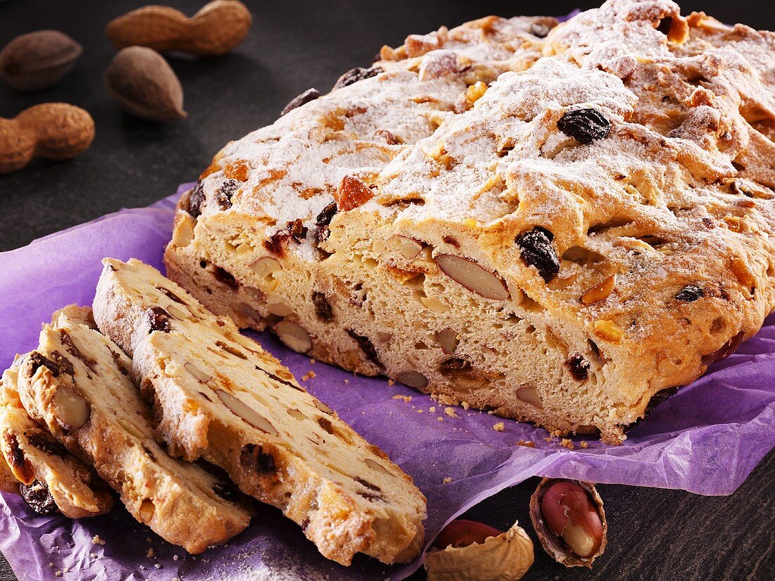 Christmas stollen, partly sliced