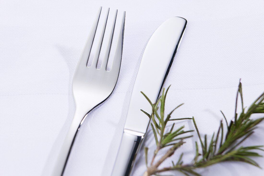 Knife and fork beside rosemary sprig