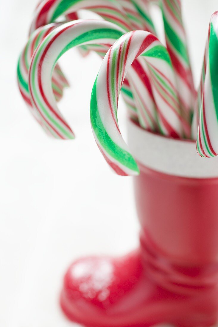 Mehrere Zuckerstangen in rotem Stiefel