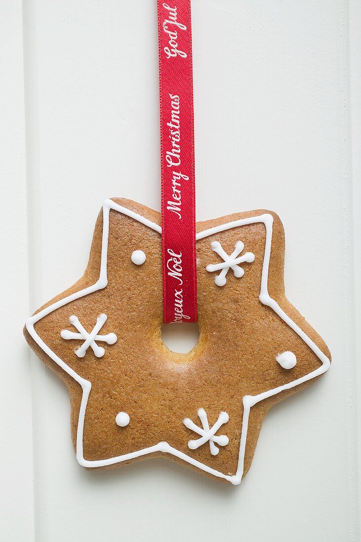 Decorated gingerbread hanging on red ribbon (Christmas)