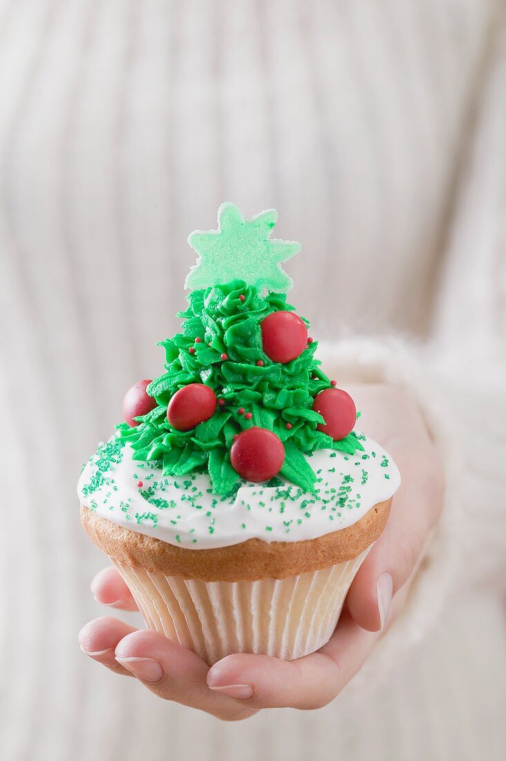 Hand hält Cupcake (weihnachtlich)