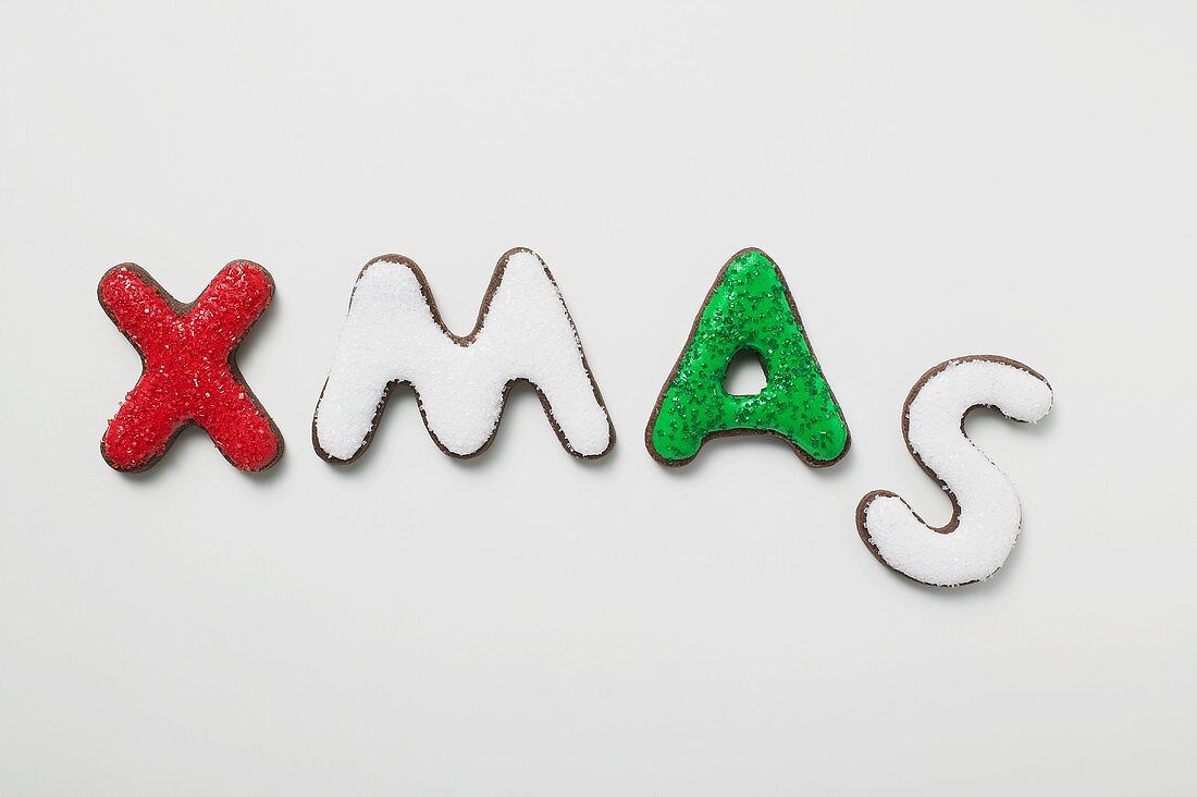 The word XMAS in iced chocolate letters