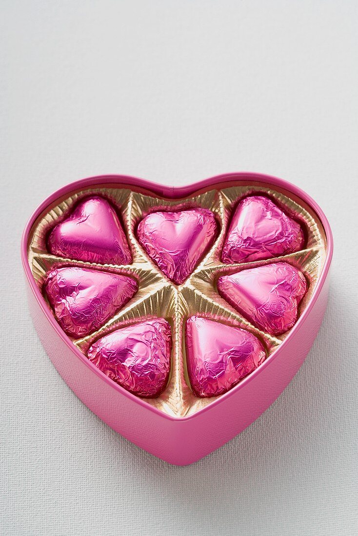 Pink chocolates in heart-shaped box