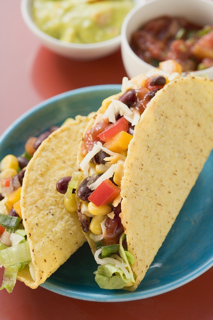 Tacos mit Gemüsefüllung, Guacamole, Salsa (Mexiko)