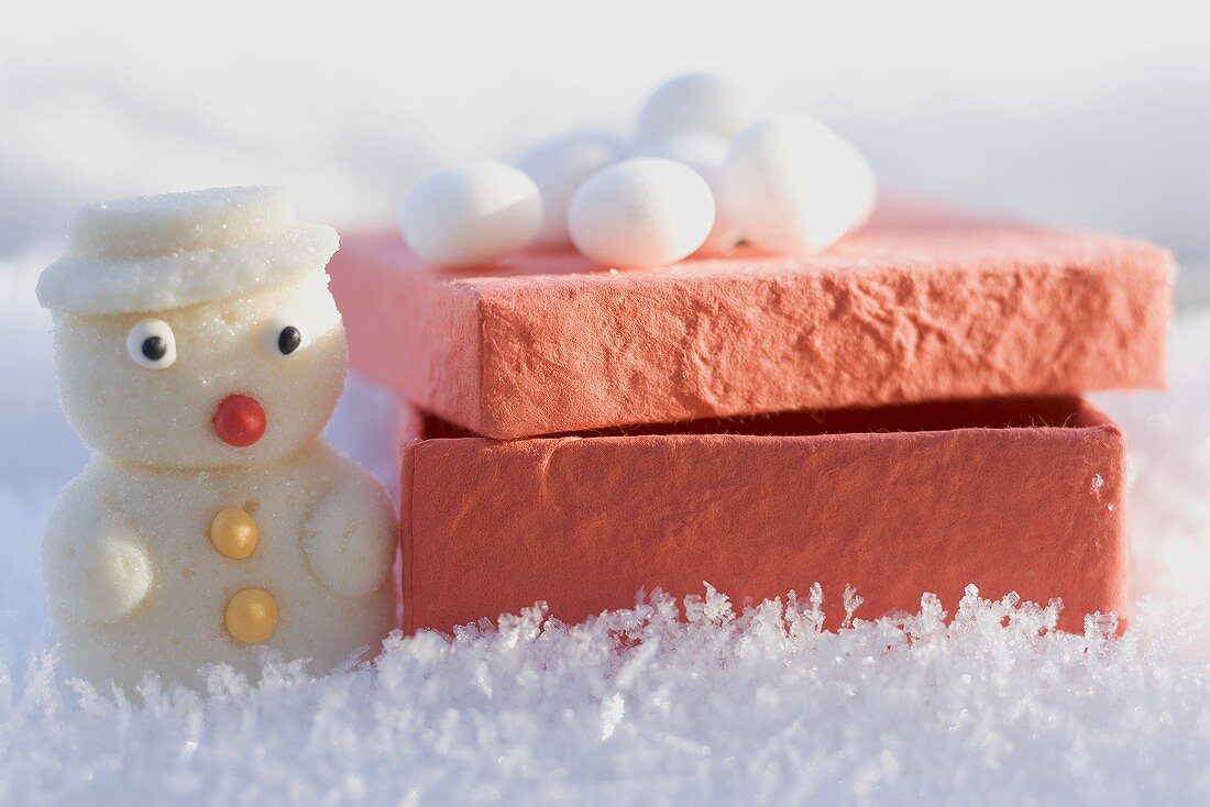 Small marzipan snowman and box in snow