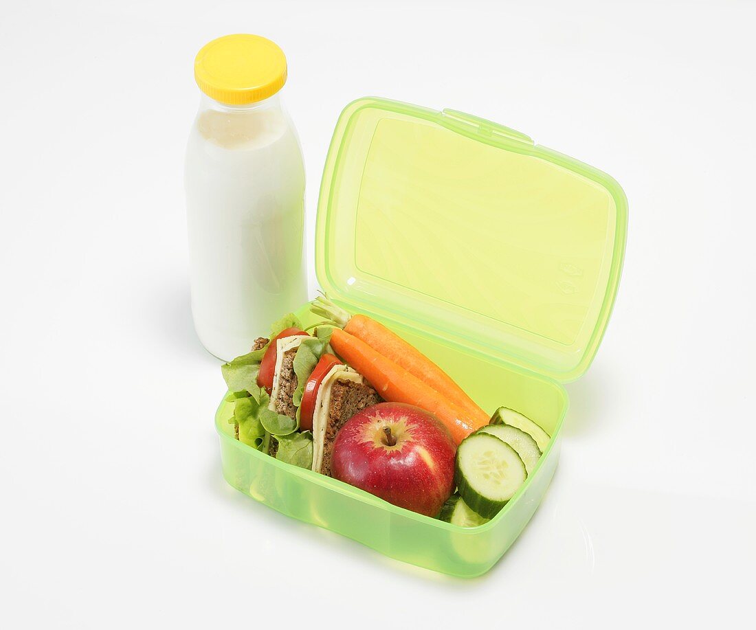 Healthy lunch box and bottle of milk