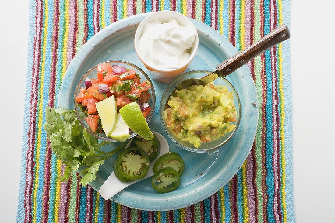 Guacamole, Salsa und Sour Cream auf Teller (Mexiko)