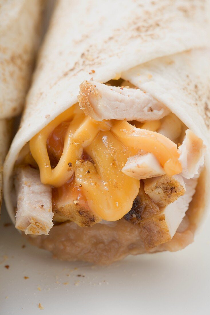 Burrito with cheese and chicken (close-up)