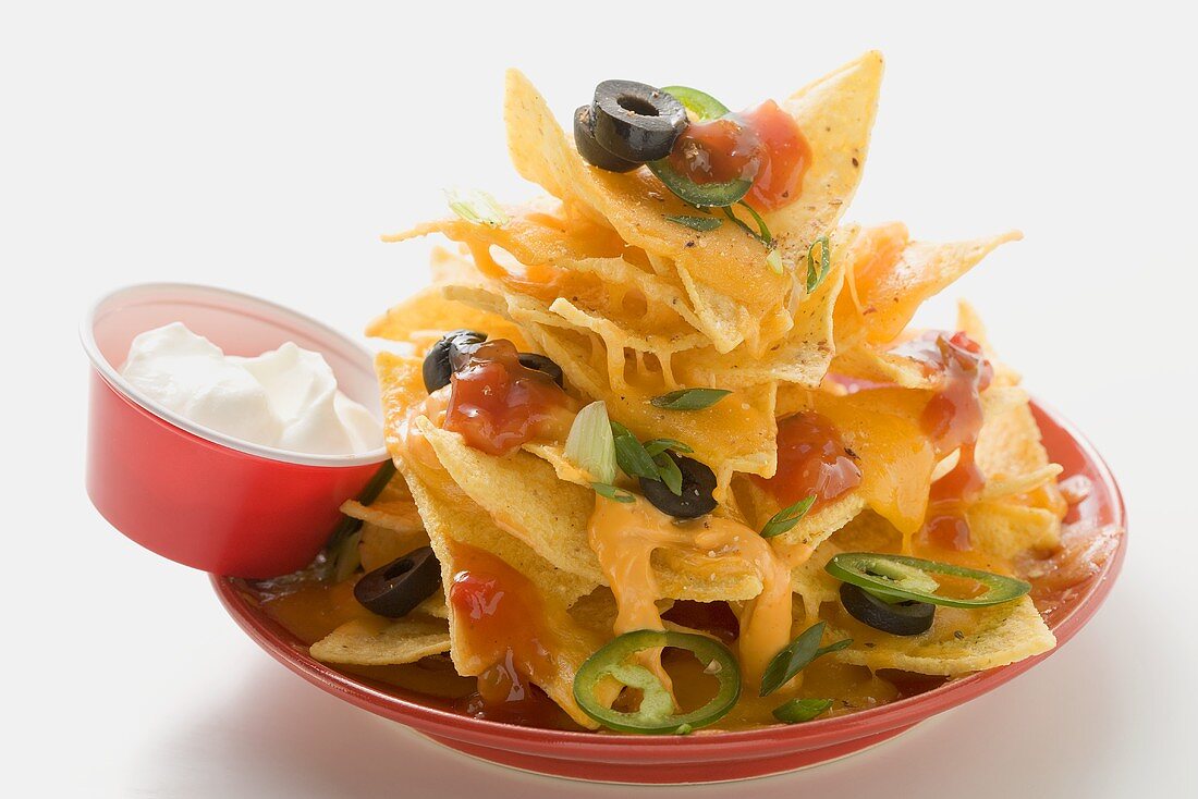 Nachos with cheese, olives, chilli rings, ketchup & sour cream