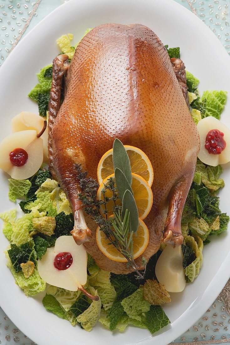 Roast duck with savoy cabbage & cranberry pears (Christmas)