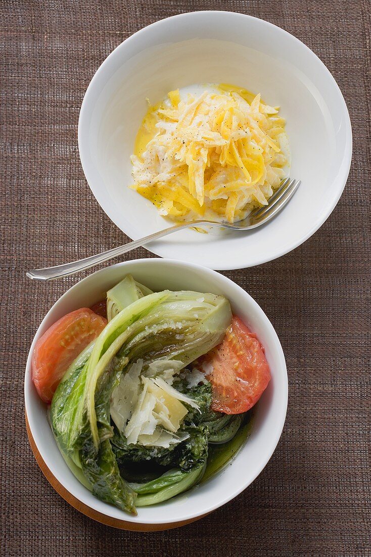 Yellow carrots with yoghurt, braised romaine lettuce with tomatoes