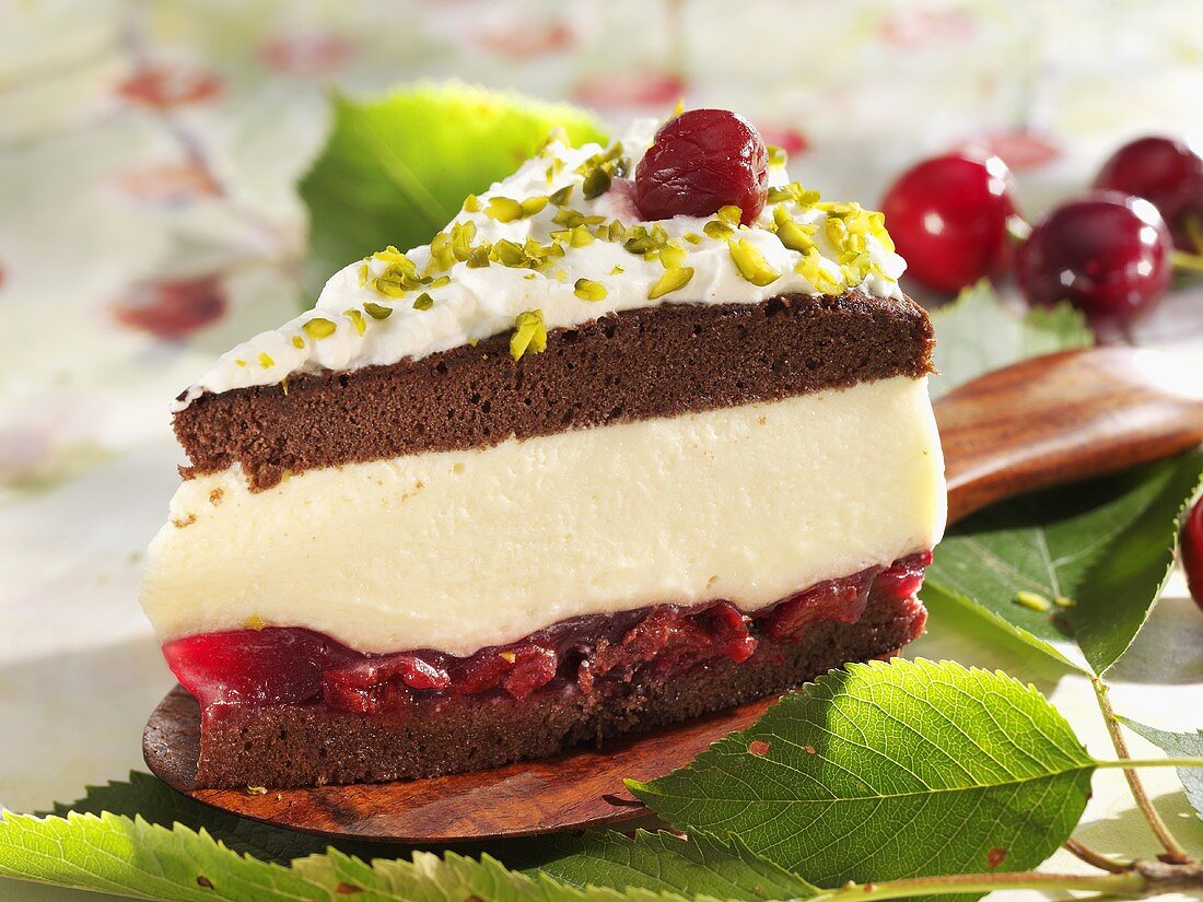 Piece of Black Forest gateau with chopped pistachios