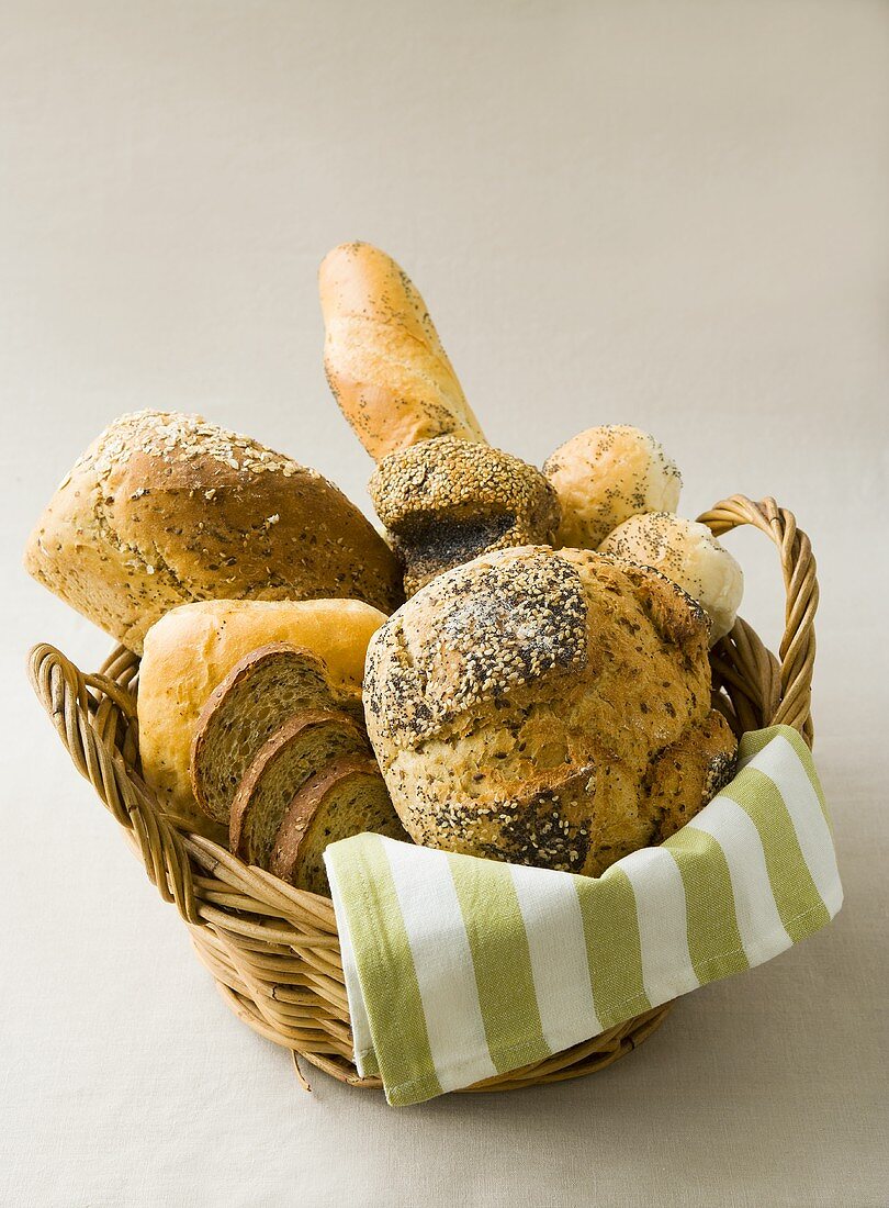 Assorted breads and bread rolls in bread basket