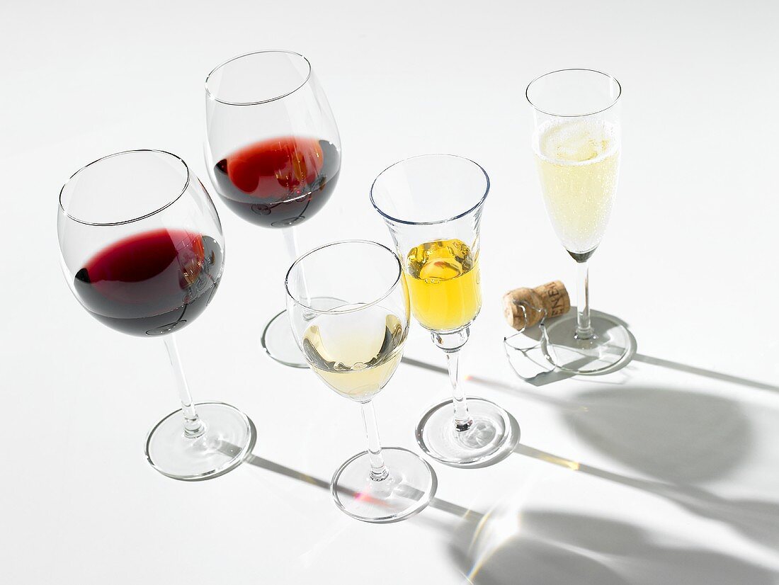 Verschiedene Weingläser und ein Sektglas