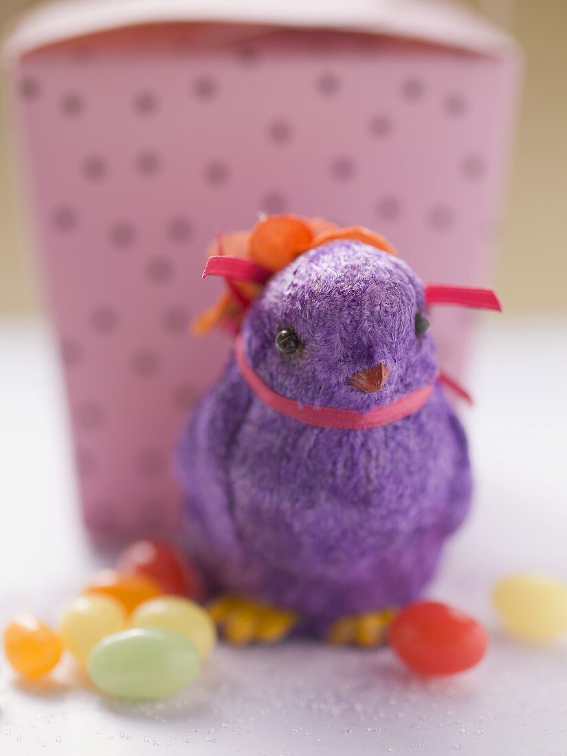 Purple Easter chick and sugar eggs