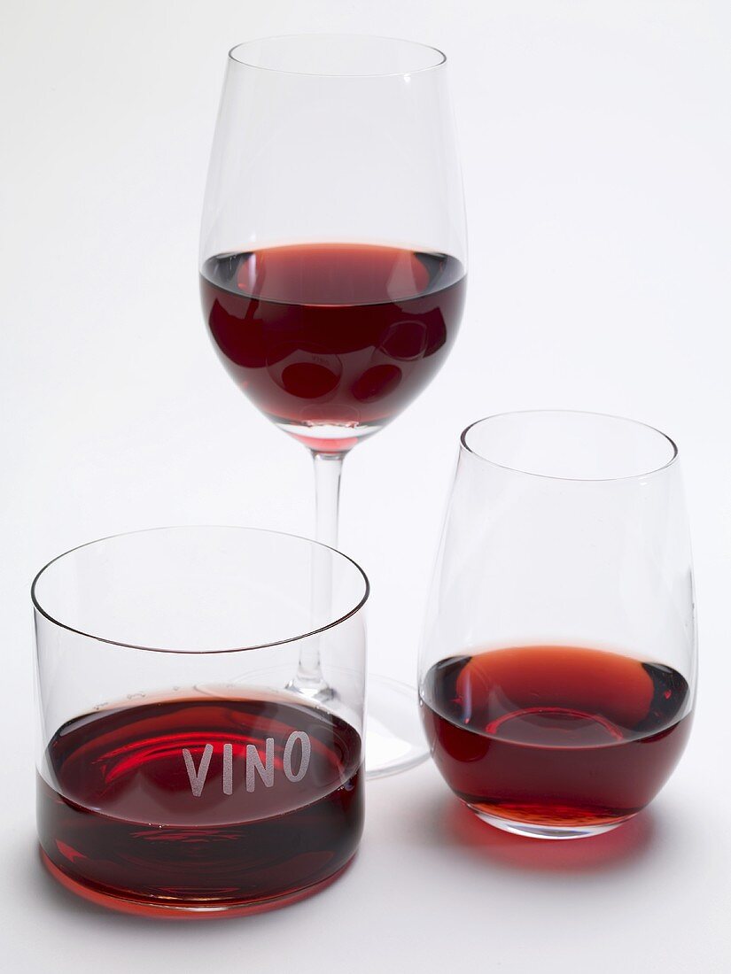 Red wine in three different glasses