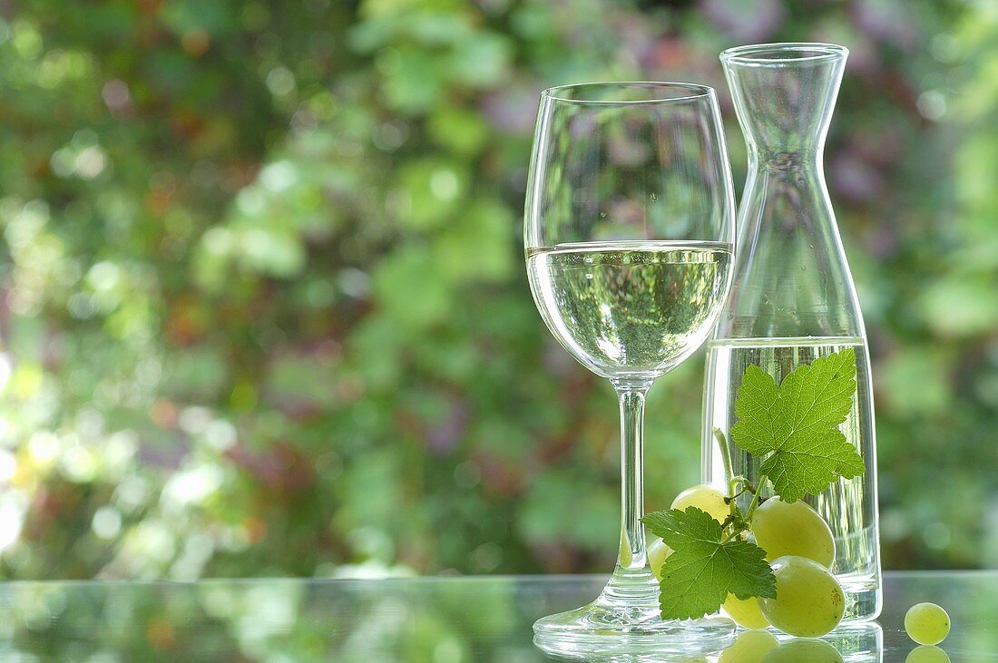 Weißwein in Glas und Karaffe, grüne Trauben
