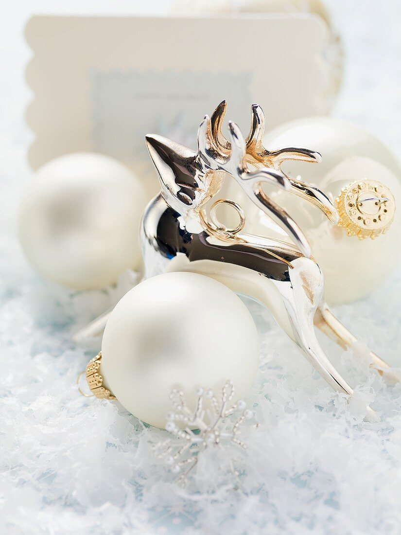 Reindeer, Christmas baubles and Christmas card