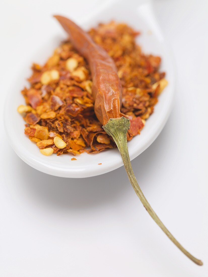 Chilli flakes and dried chilli on spoon (close-up)