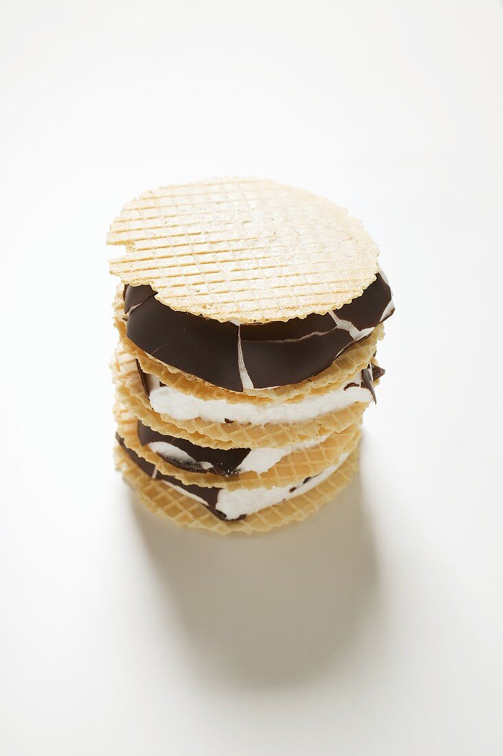 Chocolate-coated marshmallows sandwiched between wafers