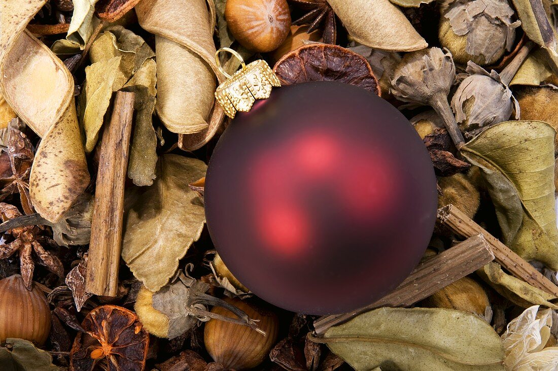 Red Christmas bauble on spices and hazelnuts