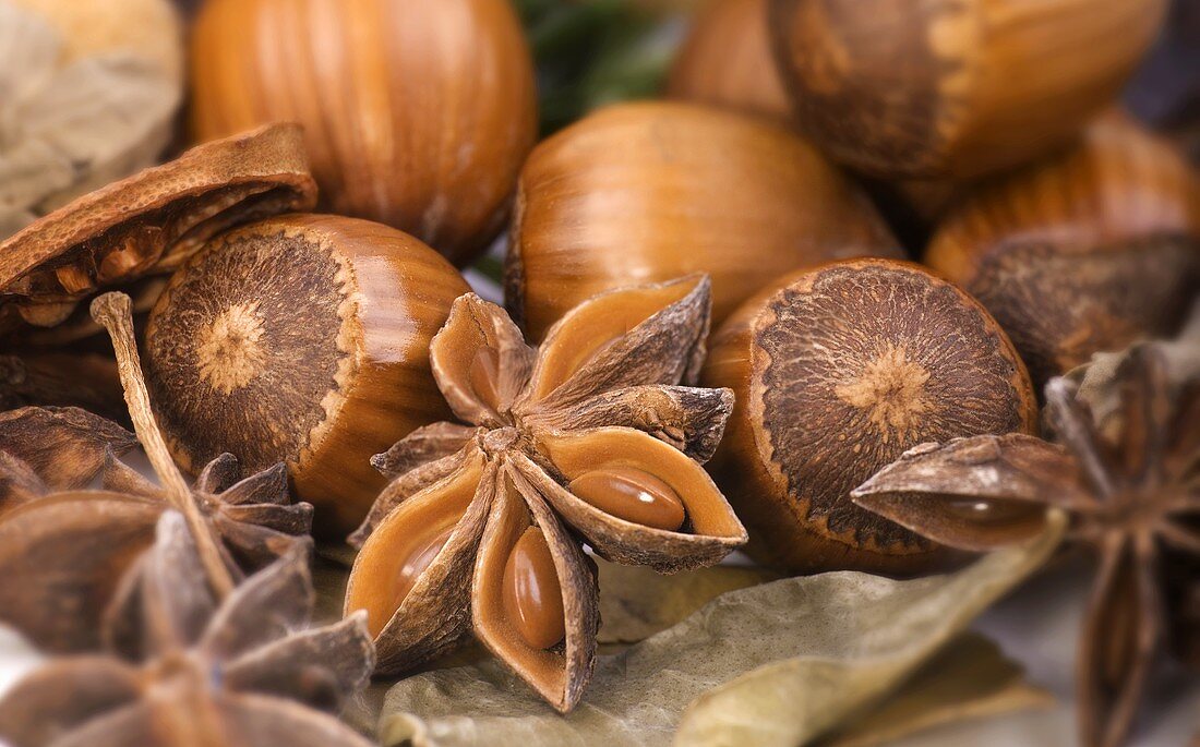 Hazelnuts and star anise (close-up)