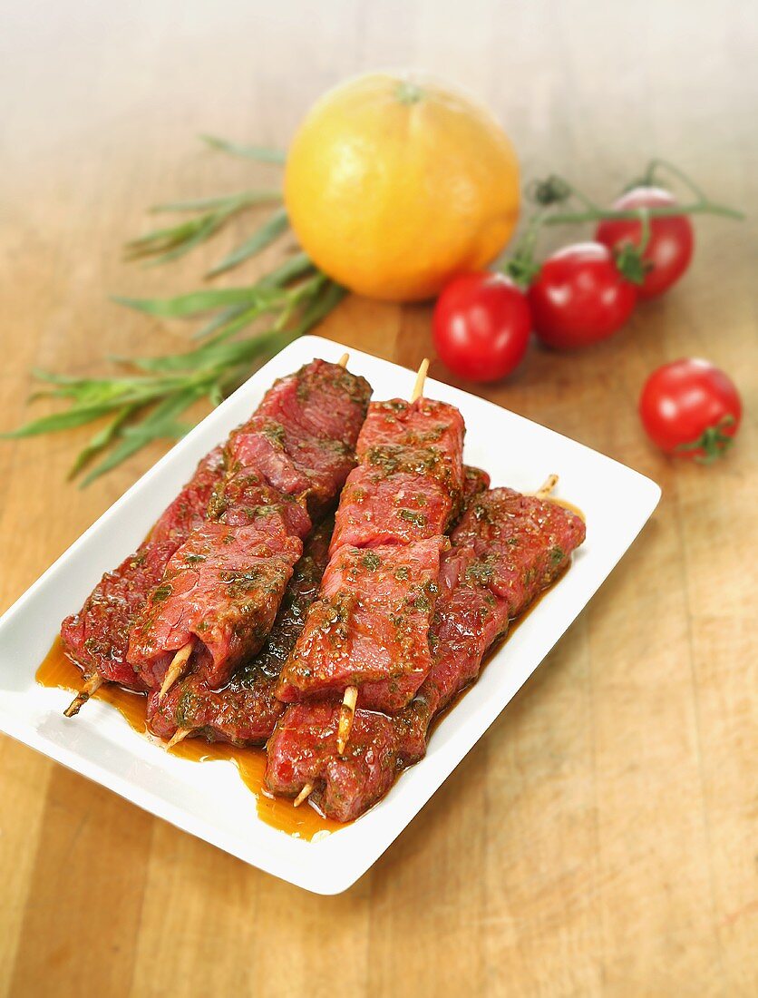 Marinated raw meat skewers