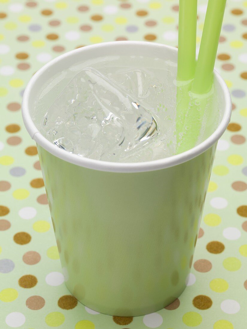 Mineral water with ice cubes in green paper cup