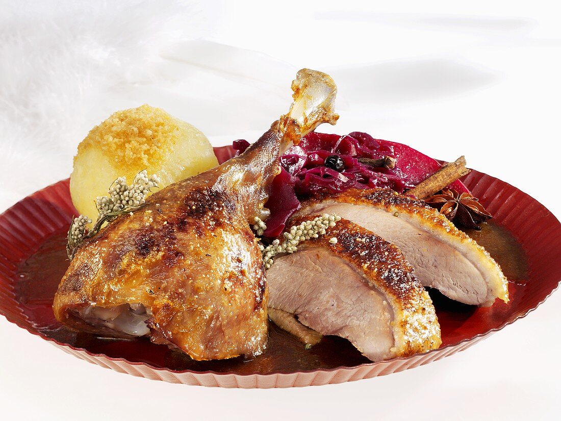 Roast goose with red cabbage and potato dumpling