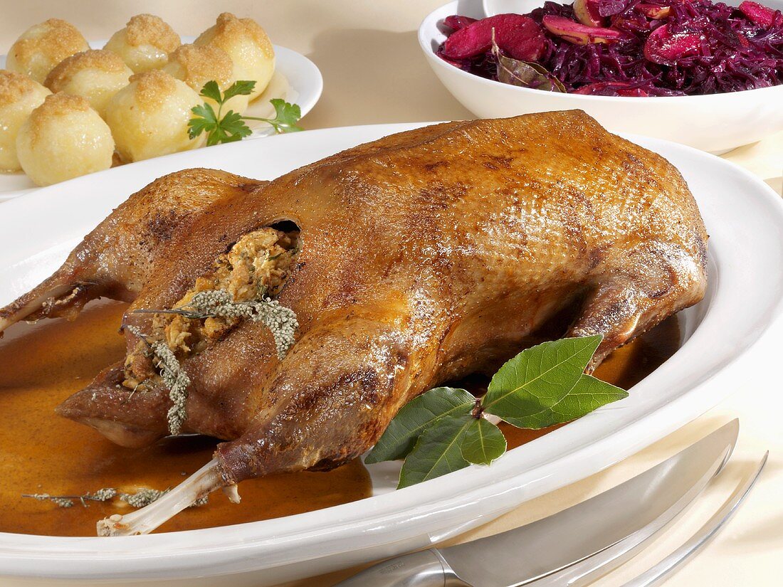 Roast goose with red cabbage and potato dumplings