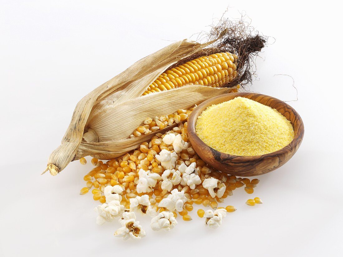 Corncob, corn kernels, cornmeal and popcorn