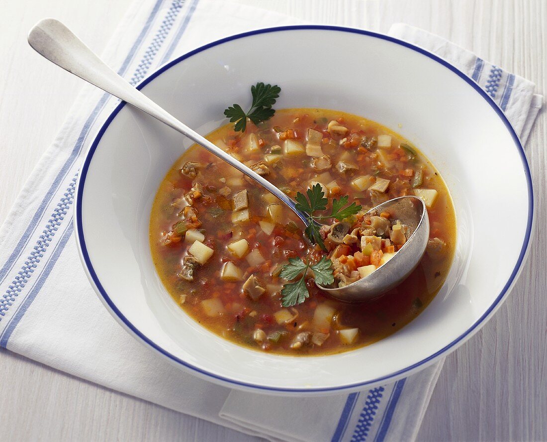 Bow of Manhattan Chowder; Cloth Napkin and Spoon