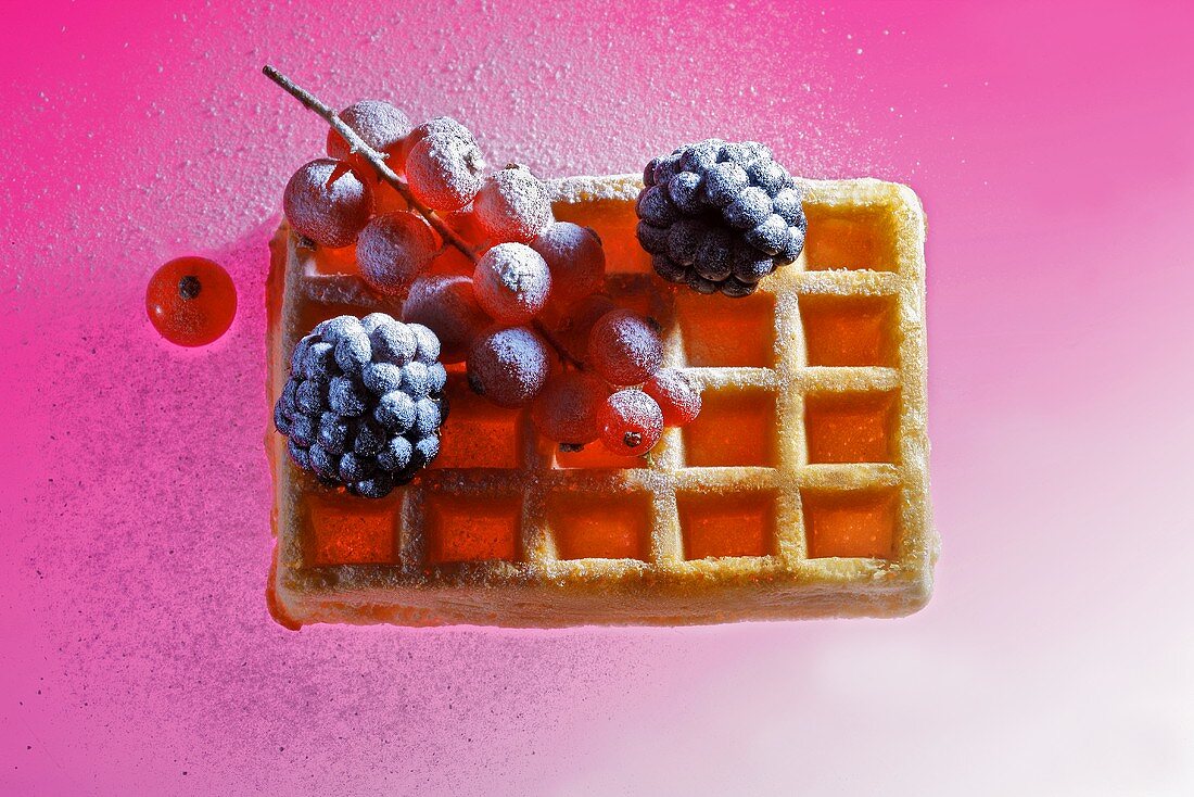 Waffle with berries and icing sugar