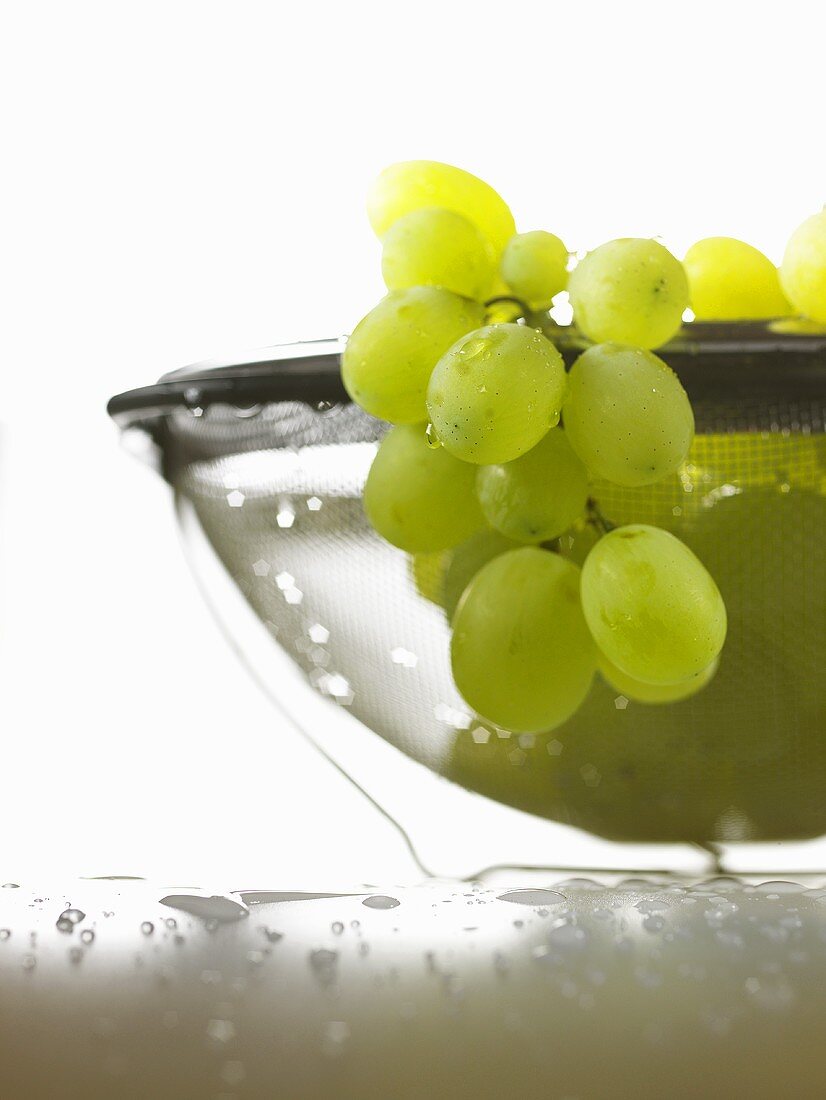 Green grapes with drops of water in sieve