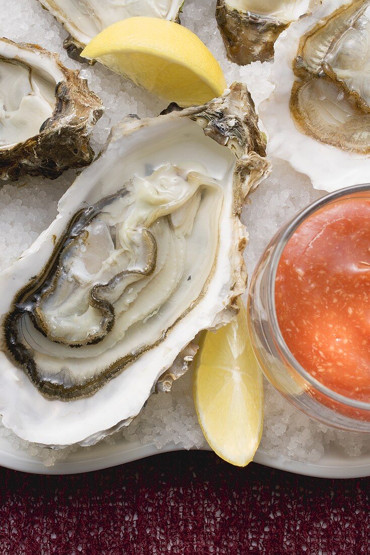 Fresh oysters with lemon and tomato dip